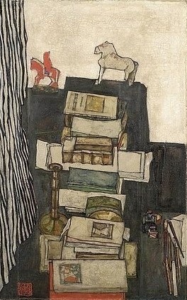 Egon Schiele, Stilleben mit Büchern (Schreibtisch des Künstlers). 1914 (Schiele,Egon,1890-1918,Wien,Museum Leopold,Österreich,Öl auf Leinwand,20. Jahrhundert,Expressionismus,Stillleben,IMAGNO/Leopold Museum Vienna,Egon Schiele,Kerzenständer,Buch,Bücher,Buchrücken,Schreibtisch,Pferd,Tintenfass,Schreibutensilien)