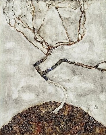 Egon Schiele, Kleiner Baum im Spätherbst. 1911 (Schiele,Egon,1890-1918,Wien,Museum Leopold,Öl auf Holz,20. Jahrhundert,Expressionismus,Egon Schiele,blattlos,entblättert,Winter,kahl,trist,Baum,Bäumchen,unbunt,Äste,hellgrau,sterben,absterben)