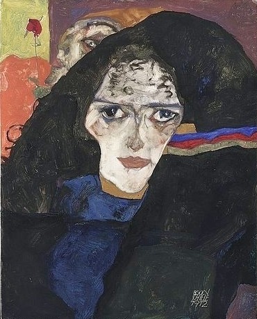 Egon Schiele, Trauernde Frau. 1912 (Schiele,Egon,1890-1918,Wien,Museum Leopold,Öl auf Holz,20. Jahrhundert,Expressionismus,Egon Schiele,Frau,Gesicht,schwarzer Schleier,schwarz,Trauer,traurig,Traurigkeit,Tod,Träne,weinen,verweint,dunkle Augen)