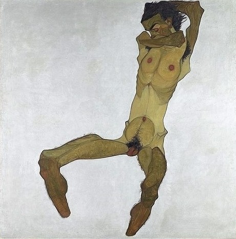 Egon Schiele, Sitzender Männerakt (Selbstdarstellung). 1910 (Schiele,Egon,1890-1918,Wien,Museum Leopold,Öl,20. Jahrhundert,Expressionismus,Deckfarbe auf Lwd.,Egon Schiele,Mann,Akt,männlich,weißer Hintergrund,Körper,mager,Ausdruck,expressiv,reduziert,Reduziertheit,Verzweiflung,Psychologie,Selbstbildnis)