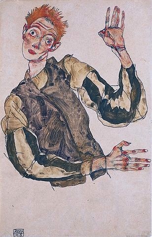 Egon Schiele, Selbstdarstellung mit gestreiften Ämelschonern. 1915 (Schiele,Egon,1890-1918,Wien,Museum Leopold,20. Jahrhundert,Expressionismus,Bleistift und Gouache,auf Papier,Egon Schiele,Selbstbildnis,Hand,Hände,Marionette,Stirn in Falten,starren,große Augen,aufgerissen,aufgerissene,puppenhaft,puppenartig)