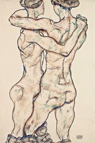 Egon Schiele, Sich umarmende Mädchenakte. 1914 (Schiele,Egon,1890-1918,Wien,Museum Leopold,20. Jahrhundert,Expressionismus,Bleistift und Gouache,auf Papier,Egon Schiele,Rücken,Rückenansicht,Frauen,sich umarmen,Akt,Akte,Freundinnen,lesbisch)