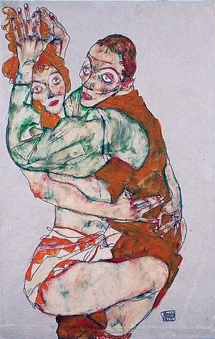 Egon Schiele, Liebesakt. 1915 (Schiele,Egon,1890-1918,Wien,Museum Leopold,20. Jahrhundert,Expressionismus,Bleistift und Gouache,auf Papier,Egon Schiele,Paar,Mann,Frau,sich umarmen,ausdruckslos,passiv)