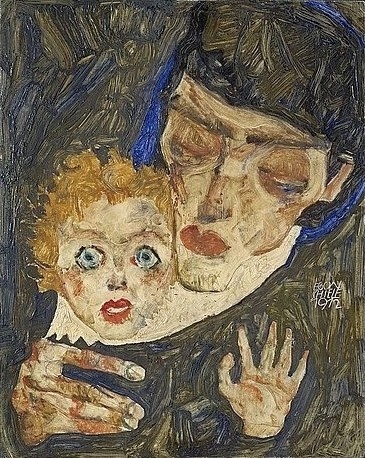 Egon Schiele, Mutter und Kind. 1912 (Schiele,Egon,1890-1918,Wien,Museum Leopold,Öl auf Holz,20. Jahrhundert,Expressionismus,Egon Schiele,umarmen,Angst,Furcht,ängstlich,große Augen,beschützen,aufgerissene Augen,beschützen,mitleiderregend,Frau,Baby,Kind,Mutter)