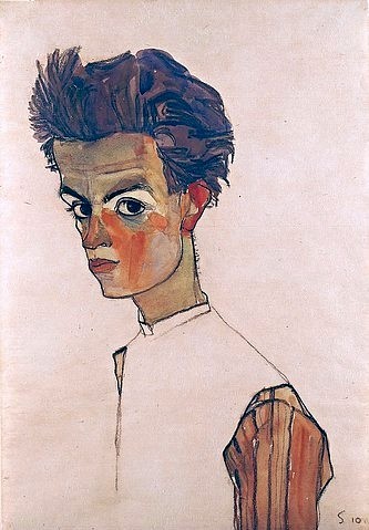 Egon Schiele, Selbstbildnis mit gestreiftem Hemd. 1910 (Schiele,Egon,1890-1918,Wien,Museum Leopold,Österreich,Schwarze Kreide,20. Jahrhundert,Expressionismus,IMAGNO/Leopold Museum Vienna,Gouache auf Papier,Egon Schiele,jung,Frühwerk,Mann,Blick,Selbstbildnis,aufmerksam)