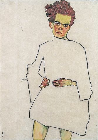 Egon Schiele, Selbstbildnis mit Hemd. 1910 (Schiele,Egon,1890-1918,Wien,Museum Leopold,Österreich,Schwarze Kreide,20. Jahrhundert,Expressionismus,Aquarell,IMAGNO/Leopold Museum Vienna,Deckfarbe auf Papier,Egon Schiele,jung,Frühwerk,Mann,Blick,Selbstbildnis,nachdenklich,weiß)