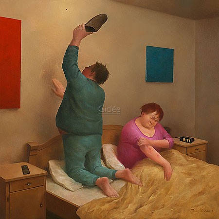 Marius van Dokkum, Mosquito (Malerei, Karikatur, altes Ehepaar,  Mücke, Mückenstiche, Mückenjagd,  Schlaf, Nachtruhe, lustig, komisch, Schlafzimmer, bunt)