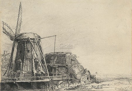 Rijn van Rembrandt, De Molen (Klassische Kunst, Landschaft, Windmühle, Niederlande, Radierung, Grafik, Wohnzimmer, Schlafzimmer, schwarz / weiß)