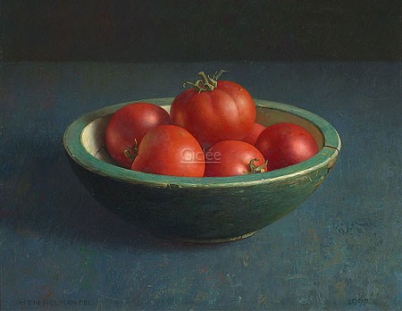 Henk Helmantel, Tomatoes in green porringer (Malerei, Stillleben, Tisch, Tomaten, rote Tomaten, reife Tomaten, Schale, Gemüse, Esszimmer, Küche,  bunt)