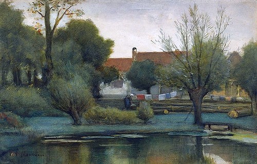 Piet Mondrian, Bauernhof mit Wäsche und Bäumen. 1895 (Mondrian,Piet,1872-1944,Christie's Images Ltd,Gouache/Aquarell auf Papier,19. Jahrhundert,20. Jahrhundert,Piet Mondrian,Frühwerk,Niederlande,Teich,Wäscheleine,Wäsche aufhängen,Bäume)