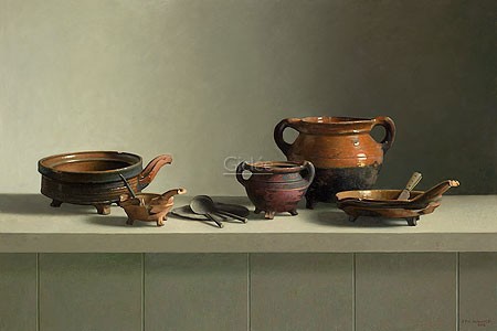 Henk Helmantel, Archaeological finds (Malerei, Stillleben, Tisch, antike Gefäße, Terracotta, Tongefäße, Esszimmer, Küche, Wohnzimmer, bunt)