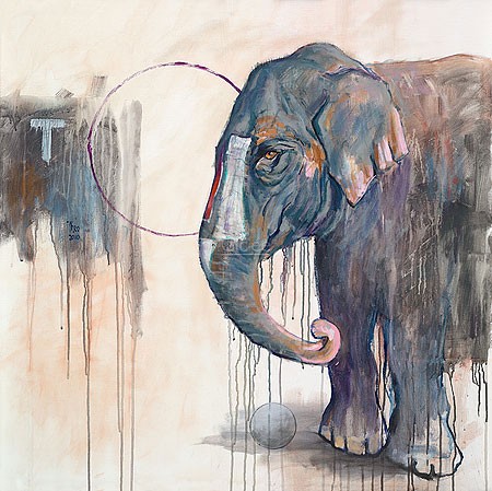 Theo Onnes, Temple Elephant (Malerei, Tierportrait, Elefant, Dickhäuter, indischer Elefant, verlaufende Farbe, Farbspuren,  Treppenhaus, Wohnzimmer, Tierarztpraxis, bunt)