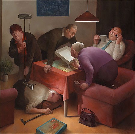 Marius van Dokkum, Missing Link (Malerei, Karikatur, alte Ehepaare,  Spiele Nachmittag, Puzzle, Suche, Puzzleteil, lustig, komisch, Wohnzimmer, bunt)