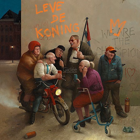 Marius van Dokkum, Long live the king! (Malerei, Karikatur, Senioren, Alt-Rocker, Motorrad, Rollator, Graffiti, cool,  lustig, komisch, Wohnzimmer, Treppenhaus, bunt)