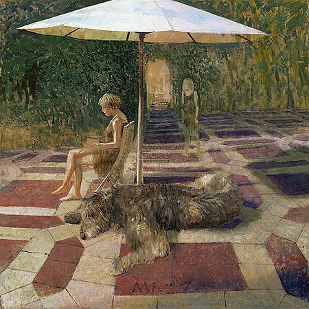 Matthijs Röling, Summer day (Malerei, Modern, Garten, Terrasse, Sommertag, Sonnenschirm, Hitze, lesende Frau, Hund, Entspannung, Licht / Schatten, Wohnzimmer, Treppenhaus, grün)