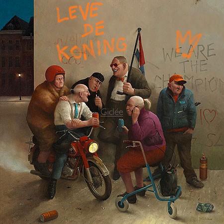 Marius van Dokkum, Long live the king! (Malerei, Karikatur, Senioren, Alt-Rocker, Motorrad, Rollator, Graffiti, cool,  lustig, komisch, Wohnzimmer, Treppenhaus, bunt)