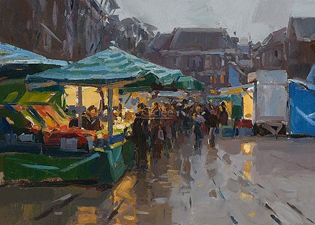 Hans Versfelt, Reflections at the fish market (Malerei,modern, Marktplatz, Fischmarkt, Regen, Wetter, Marktbuden, Architektur, Häuser, Platz,  Licht, Schatten, nasser Asphalt, Reflexionen, Wohnzimmer, Esszimmer, bunt)