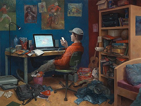 Marius van Dokkum, First things first (Malerei, Karikatur, Menschen, Jugendlicher, Prioritäten, PC, Handy,  Zimmer, Chaos, Unordnung, komisch, lustig, Treppenhaus, Wohnzimmer, Jugendzimmer, bunt)
