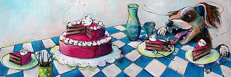 Angelique van Dalfsen, A piece of Cake (Malerei, Karikatur, Kuchen, Torte, Hund, Appetit, Dieb, Mahlzeit, Fressen, witzig, Humor, Spaß, komisch, Treppenhaus, Esszimmer, bunt)