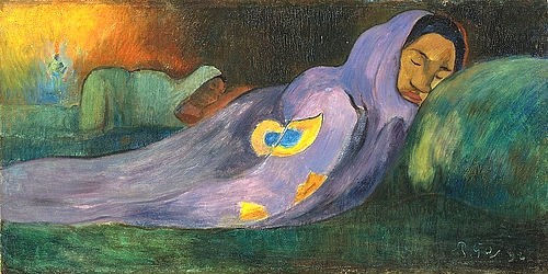 Paul Gauguin, Der Traum (Le Rêve, Moe Moea). Tahiti, 1892 (Gauguin,Paul,1848-1903,Christie's Images Ltd,Öl auf Leinwand,19. Jahrhundert,Paul Gauguin,Schlaf,schlafen,moemoea,Schlafende,Frau,eingewickelt,eingehüllt,Tahiti,Südsee,Kerzenschein,Kerzenlicht,Nacht,lila,mystisch aura,Ruhe)