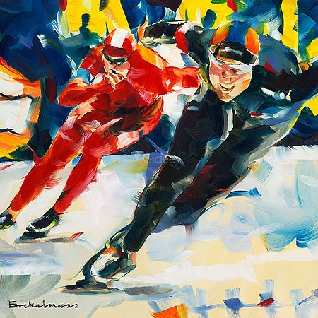 Dorus Brekelmans, The final round (Malerei, modern, Sport, Eisschnelllaufen, eisschnelläufer, Wettkampf, Ausdauer, Geschwindigkeit, Scghnelligkeit, Wohnzimmer, Sportstudio, bunt)