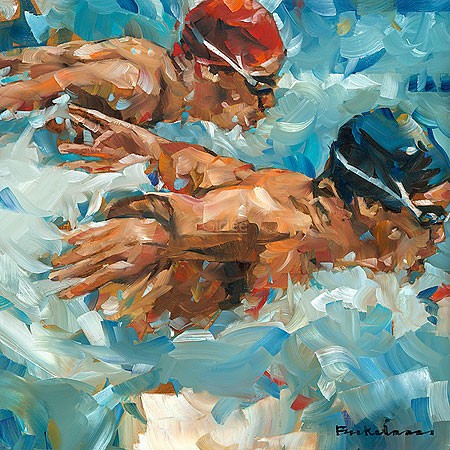 Dorus Brekelmans, Butterfly stroke (Malerei, modern, Sport, Wassersport, Schwimmen, Schwimmer, Schmetterlingsschwimmen, Wettkampf, Fahrradrennen, Radfahrer, abstrakter Realismus, Farbschnipsel, Pinselapuren, Wohnzimmer, Sportstudio, bunt)
