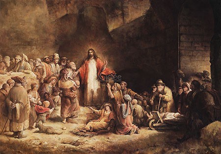 Marius van Dokkum, Hundred Guilder Print (Malerei, das hundert Gulden Blatt, Rembrandt,- Kopie, Jesus Christus, Kinder, lasset die Kinder zu mir kommen, Innenhof, religiös, Treppenhaus, Wohnzimmer, Schlafzimmer, bunt)