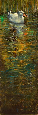 Theo Onnes, Wite Duck I (Malerei, Teich, weiße Ente, Tümpel, Wasser, Spieglungen, Tier, Schilf, Treppenhaus, Wohnzimmer, Tierarztpraxis, bunt)