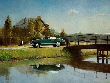 Martin Sijbesma, VW karmann ghia (Malerei, Landschaft,  Auto,Brücke, Karmann Ghia, VW, Nostalgie, Oldtimer, Fotorealismus, Treppenhaus, Wohnzimmer, bunt)