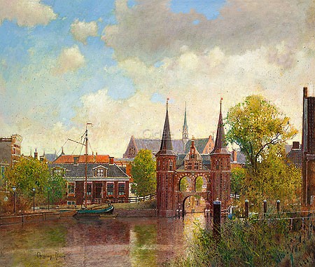 Christiaan Afman, Waterpoort, Sneek (Malerei, Niederlande, Stadtansicht, Sneek, Wassertor, Nostalgie, Brücke, Architektur, Fassaden, Türme, Wohnzimmer, bunt)