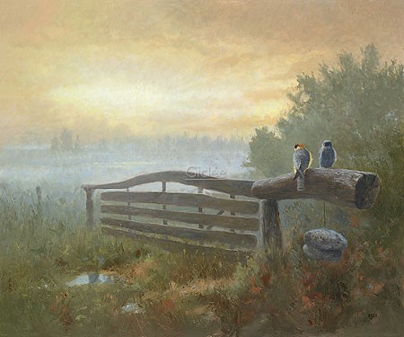 Ulco Glimmerveen, Gate Keepers (Malerei, Landschaft, Gatter, Vögel, Vogelpaar, Torwächter, Nostalgie, Dunst, Nebel, Wohnzimmer, Schlafzimmer, Treppenhaus, bunt)