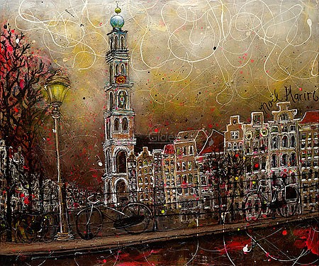 Noël Hariri, Westertoren (Malerei, Niederlande, Städte, Amsterdam, Architektur, Häuserzeile,Oude Wester, Kirchturm, Kaiserkronenkuppel,  Farbklekse, Tupfen, Brücke, Wohnzimmer, Arztpraxis, bunt)