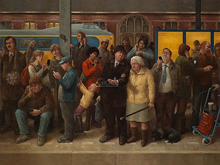 Marius van Dokkum, Ladies and Gentlemen (Malerei, Karikatur, Menschen, Menschenmenge, Bahnhof, Gleis, Wartende, Zug,  komisch, lustig, Treppenhaus, Wohnzimmer,  bunt)