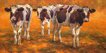 Geke Steenmetz, Cow calves in the early morning (Malerei, Natur, Kühe, Kälber, Nutztiere, Tiere, Landschaft, Morgenlicht, Weide, Wohnzimmer, Tierarztpraxis, Treppenhaus, bunt)