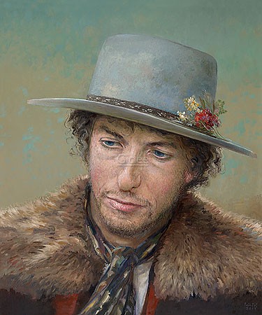 Rein Pol, Is it Bob Dylan (Malerei, Portrait, Bob Dylan, Persönlichkeiten, Sänger, Folksänger, Musiker, Hut, Winterjacke, Wohnzimmer, Musikzimmer, Treppenhaus, bunt)