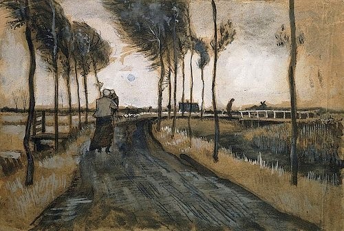 Vincent van Gogh, Lanschaft mit Frau und Kind. /  Landschap met Vrouw en Kind. 1883. (Lanschaft, Straße, Weg, Herbst, Sturm, Bäume, Mutter und Kind, düster,  Klassische Moderne, Impressionismus, Wohnzimmer, Treppenhaus, Wunschgröße, bunt)