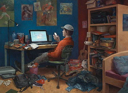 Marius van Dokkum, First things first (Malerei, Karikatur, Menschen, Jugendlicher, Prioritäten, PC, Handy,  Zimmer, Chaos, Unordnung, komisch, lustig, Treppenhaus, Wohnzimmer, Jugendzimmer, bunt)