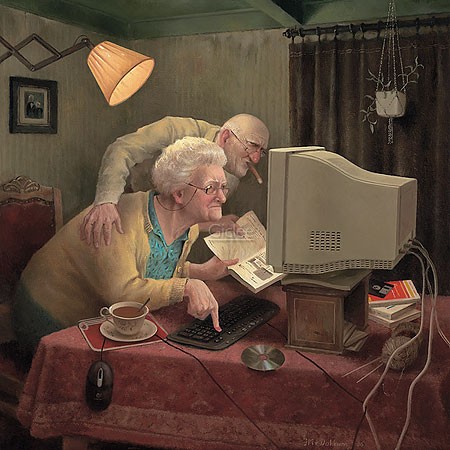 Marius van Dokkum, Keeping up with the Times (Malerei, Karikatur, Ehepaar, moderne Technik, Computer, Handbuch, Herausforderung, gute Stube, kurzsichtig, Nostalgie, komisch, Treppenhaus, Wohnzimmer, bunt)