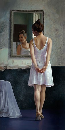 Marten Huitsing, Margriet (Malerei, Fotorealismus, Rückenansicht, Spiegelbild, Portrait, Frau, Innenraum, Interieur,  Schlafzimmer, bunt)