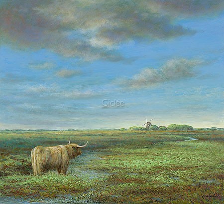 Erik van Ommen, Highland Cattle in Groningen (Malerei, Natur, Tierwelt, Landschaften, Hochlandrind, Einsamkeit, Horizont, Niederlande, naturgetreu, realistisch, Wohnzimmer, Schlafzimmer, bunt)