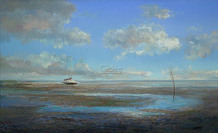 Rein Pol, Mudflats with Trimaran (Malerei, Landschaft, Natur, Meerebrise, Boot, Trimaran, Meerrumpfboot, Wattenmeer, Nordsee, Horizont, Küste, Abendlicht, Einsamkeit, Wohnzimmer, Schlafzimmer, bunt)