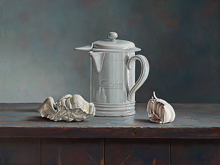 Rob Møhlmann, Nose (Malerei, Stillleben, Tisch, Holztisch, Kaffeekanne, Nostalgie, Bruchstücke, Skulptur, Nase,  Treppenhaus, Esszimmer, Wohnzimmer, bunt)