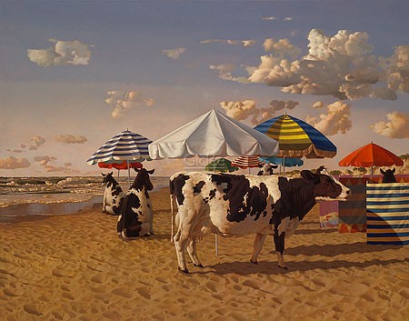Bas Sebus, Next Beach (Malerei, Meeresbrise, Strand, Sonnenschirme, Kühe, Schatten, komisch, Spaß, lustig, witzig, absurd, surreal, Wohnzimmer, Treppenhaus, bunt)