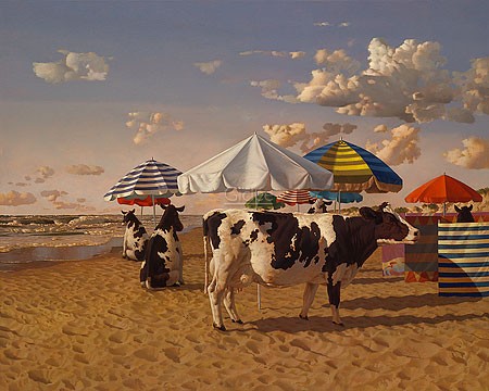 Bas Sebus, Next Beach (Malerei, Meeresbrise, Strand, Sonnenschirme, Kühe, Schatten, komisch, Spaß, lustig, witzig, absurd, surreal, Wohnzimmer, Treppenhaus, bunt)