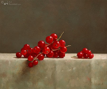 Marius van Dokkum, Red Currants (Stillleben, rote Johannisbeeren, Obst, Beeren, Früchte, Tisch, Malerei, naturalistisch, Esszimmer, Wohnzimmer, bunt)
