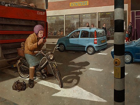 Marius van Dokkum, GREEN! (Malerei, Karikatur, Oma, Mofa, moderne Technik,Handy, Verkehr, grüne Ampel, Grün!,Hindernis, Prioritäten,  Nostalgie, komisch, Treppenhaus, Wohnzimmer, bunt)