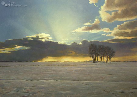 Henk Helmantel, Sunrise, Westeremden (Malerei, Landschaftsmalerei, Landschaften, Sonnenaufgang, Niederlande, Morgendunst, Wolken, Sonnenstrahlen, Stille, Schlafzimmer, bunt)