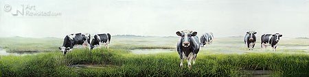Geke Hoogstins, Cows in the fog (Malerei, Natur, Landschaft, Weide, Kühe, schwarz-weiße Kühe, grüne Wiese, Gras, Dunst, Nebel, Schlafzimmer, Wohnzimmer, bunt)