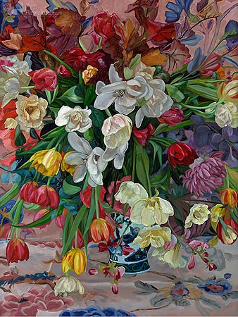 Theo Leijdekkers, Vase with colored flowers (Malerei, Stillleben, Blumen, Blumenvase, Blumenpracht, Strauß, Vanitas, Verwelken, Vergänglichkeit,  üppig, Blüten, Esszimmer, Wohnzimmer, Treppenhaus, bunt)