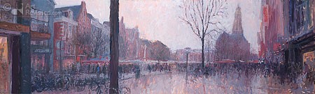 Annemiek Vos, Vismarkt (Malerei, Städte, Stadtansicht, Marktplatz, Fischmarkt, Idylle, Groningen, Niederlande,  impressionistisch, Wohnzimmer, bunt)